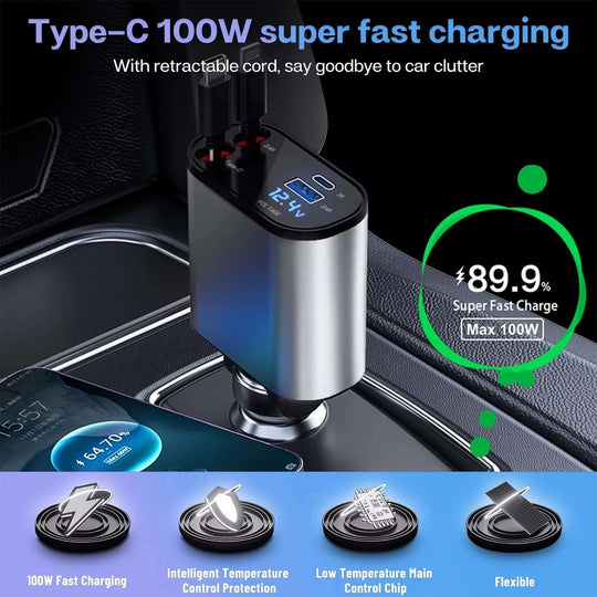 4 - in - 1 Retractable Car Charger - 100W Fast Charging with iPhone & Type C Cables - All - Gadgetry