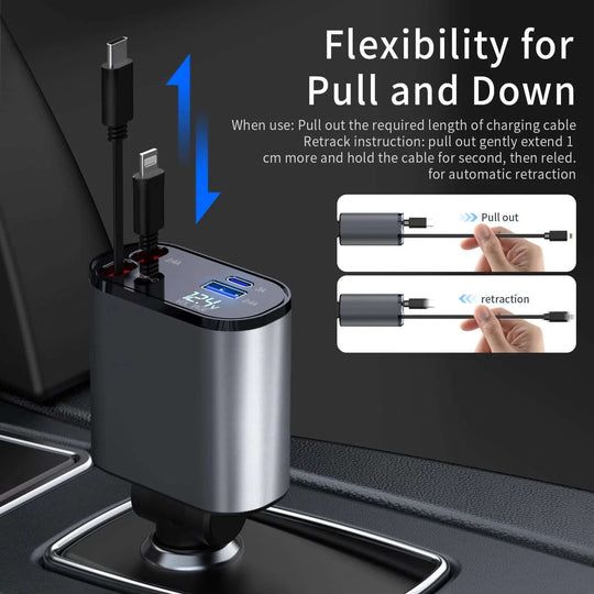 4 - in - 1 Retractable Car Charger - 100W Fast Charging with iPhone & Type C Cables - All - Gadgetry