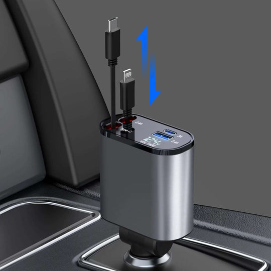4 - in - 1 Retractable Car Charger - 100W Fast Charging with iPhone & Type C Cables - All - Gadgetry