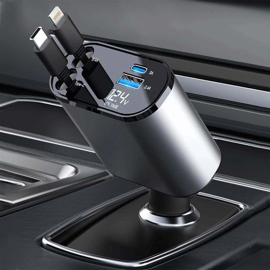 4 - in - 1 Retractable Car Charger - 100W Fast Charging with iPhone & Type C Cables - All - Gadgetry