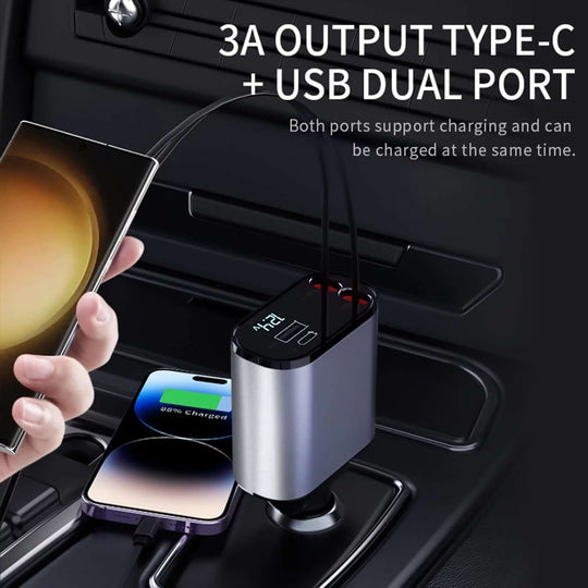 4 - in - 1 Retractable Car Charger - 100W Fast Charging with iPhone & Type C Cables - All - Gadgetry