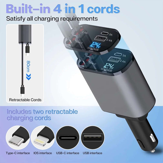 4 - in - 1 Retractable Car Charger - 100W Fast Charging with iPhone & Type C Cables - All - Gadgetry