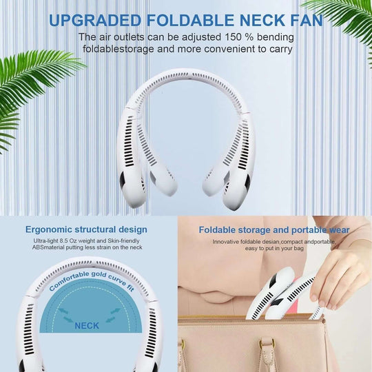 Portable Neck Fan 5000Mah Foldable Neck Fan LED Display, 3 Speeds Adjustable Folding Neck Fan USB Powered Hands Free Fan White - All - Gadgetry