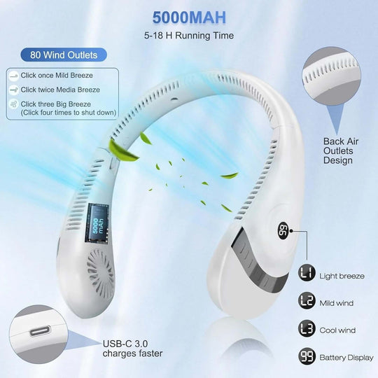 Portable Neck Fan 5000Mah Foldable Neck Fan LED Display, 3 Speeds Adjustable Folding Neck Fan USB Powered Hands Free Fan White - All - Gadgetry