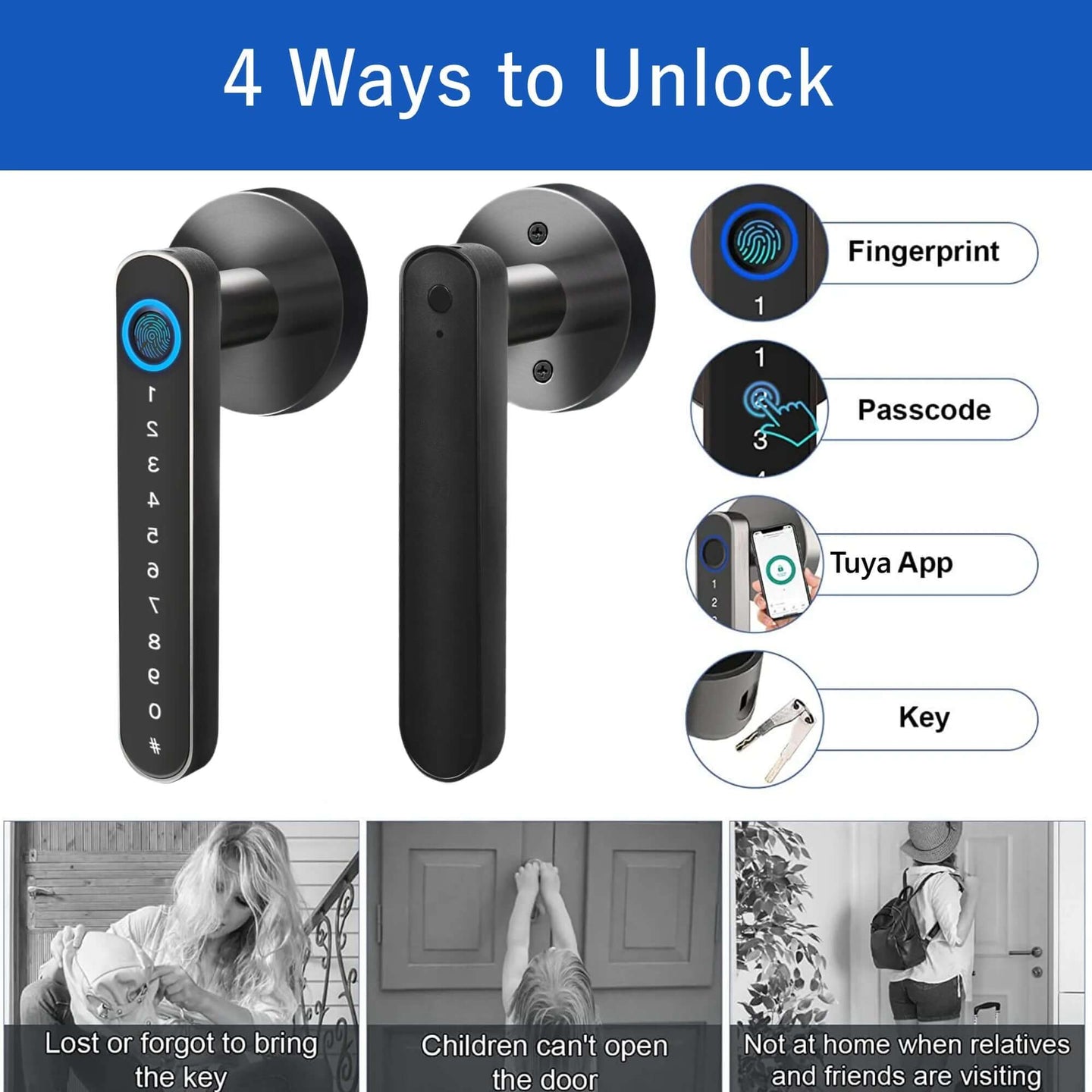 Smart Door Lock,Keyless Entry Door Lock with Handle,Fingerprint Door Lock with Tuya App,Smart Door Knob with Key for Home Bedroom - All - Gadgetry
