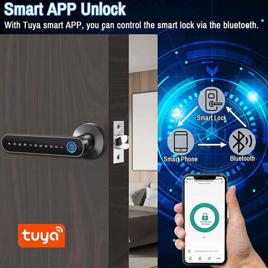 Smart Door Lock,Keyless Entry Door Lock with Handle,Fingerprint Door Lock with Tuya App,Smart Door Knob with Key for Home Bedroom - All - Gadgetry