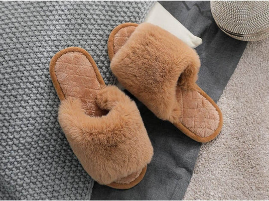 Women'S Fuzzy Fur Flat Slippers Soft Open Toe House Slippers Memory Foam Sandals Slides Home Slippers for Girls Men Indoor Outdoor - All - Gadgetry
