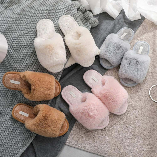 Women'S Fuzzy Fur Flat Slippers Soft Open Toe House Slippers Memory Foam Sandals Slides Home Slippers for Girls Men Indoor Outdoor - All - Gadgetry