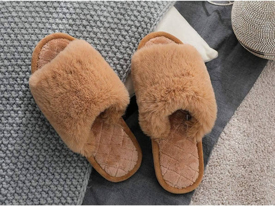 Women'S Fuzzy Fur Flat Slippers Soft Open Toe House Slippers Memory Foam Sandals Slides Home Slippers for Girls Men Indoor Outdoor - All - Gadgetry