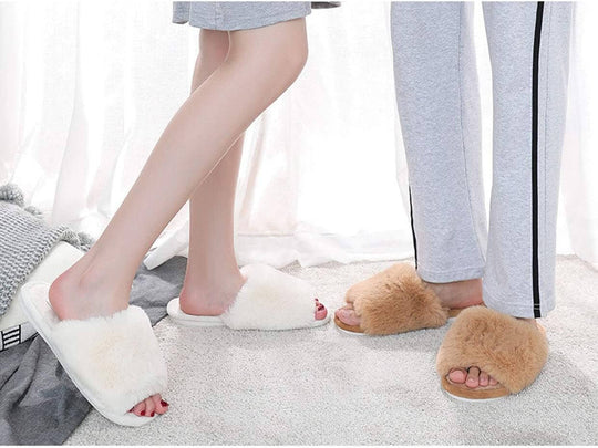 Women'S Fuzzy Fur Flat Slippers Soft Open Toe House Slippers Memory Foam Sandals Slides Home Slippers for Girls Men Indoor Outdoor - All - Gadgetry