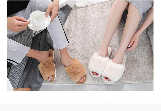 Women'S Fuzzy Fur Flat Slippers Soft Open Toe House Slippers Memory Foam Sandals Slides Home Slippers for Girls Men Indoor Outdoor - All - Gadgetry
