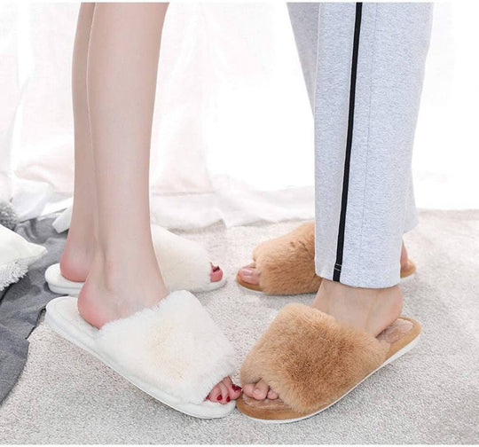 Women'S Fuzzy Fur Flat Slippers Soft Open Toe House Slippers Memory Foam Sandals Slides Home Slippers for Girls Men Indoor Outdoor - All - Gadgetry